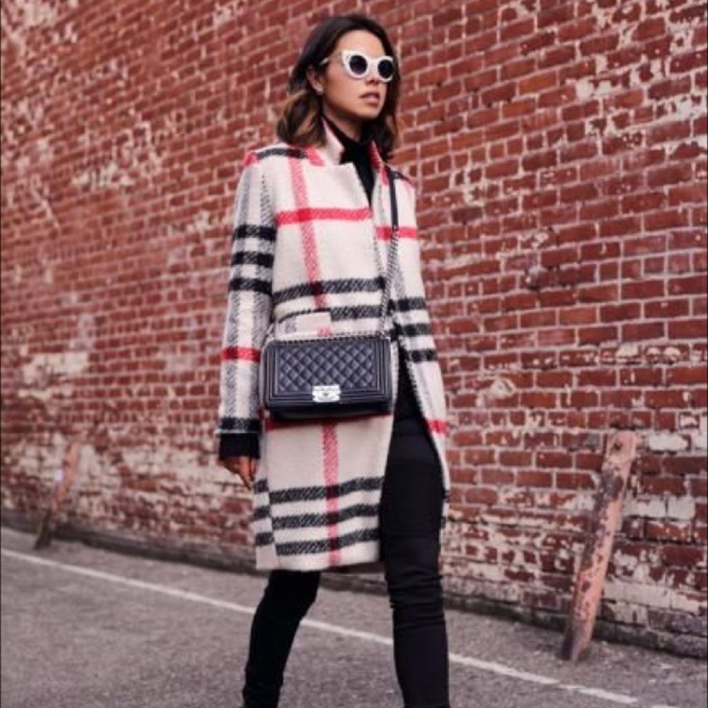 storets Cream Plaid Wool-Blend Coat with Black & Red Stripes
